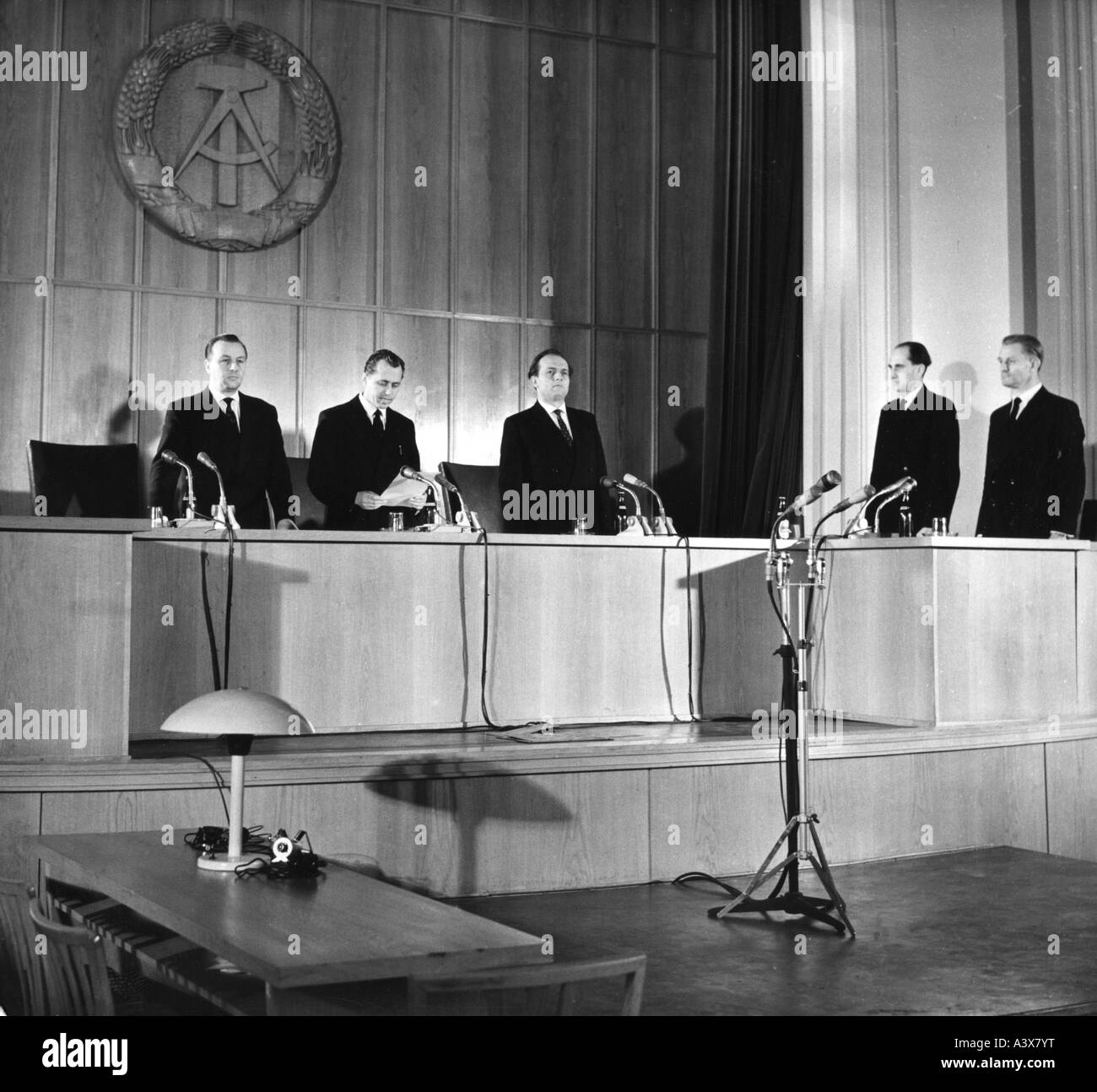 geography/travel, Germany, German Democratic Republic, show trial against Federal minister Theodor Oberländer, 1st criminal division, supreme court, East Berlin, 29.4.1960, Stock Photo