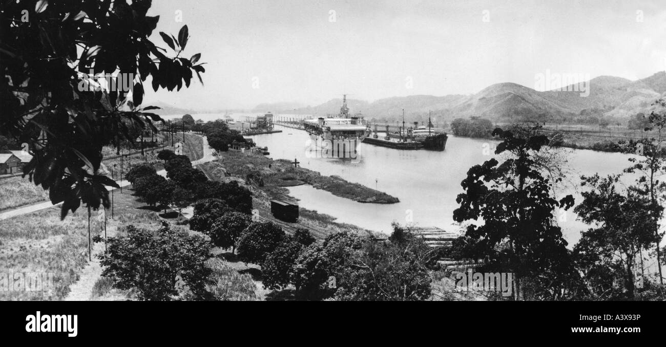 geography/travel, Panama, Canal, aircraft carrier USS 'Ranger' entering Pedro Miguel lock, 1939, USA, US Navy, ship, warship, military, Central America, transport, 20th century, , Stock Photo