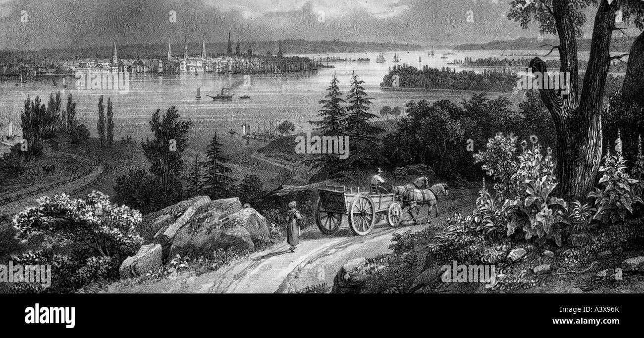 geography / travel, USA, New York, city views / cityscapes, lithograph by Deroy after drawing by Milbert, middle of 19th century, historic, historical, Manhattan, river, steamship, coach, cart, people, Stock Photo