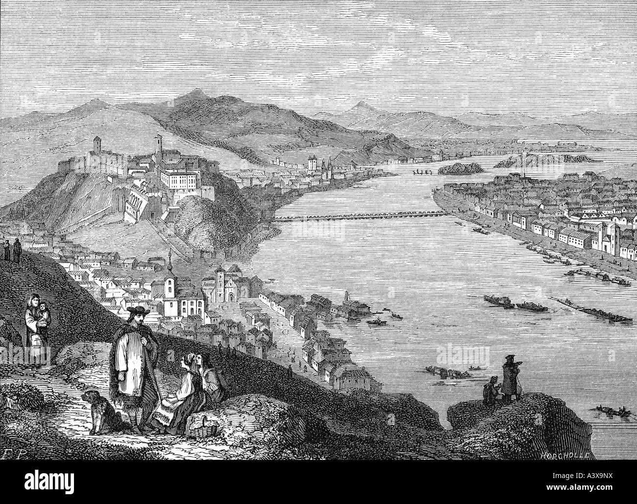 geography / travel, Hungary, Budapest, city views / cityscapes, River Danube between Buda & Pest, engraving, circa 1830, Stock Photo