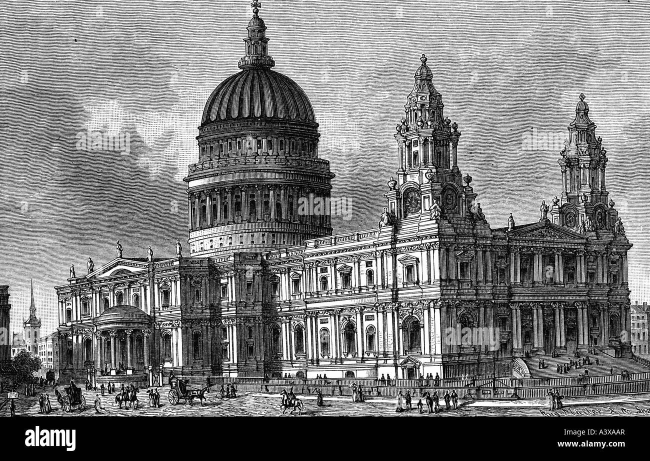 geography / travel, Great Britain, London, churches, cathedral Saint Paul, built 1675 - 1708, designed by Christopher Wren, exterior view, engraving, 1893, historic, historical, 19th century, Europe, England, UK, United Kingdom, church, cupola, dome, Pauls, Paul`s, St, people, Stock Photo