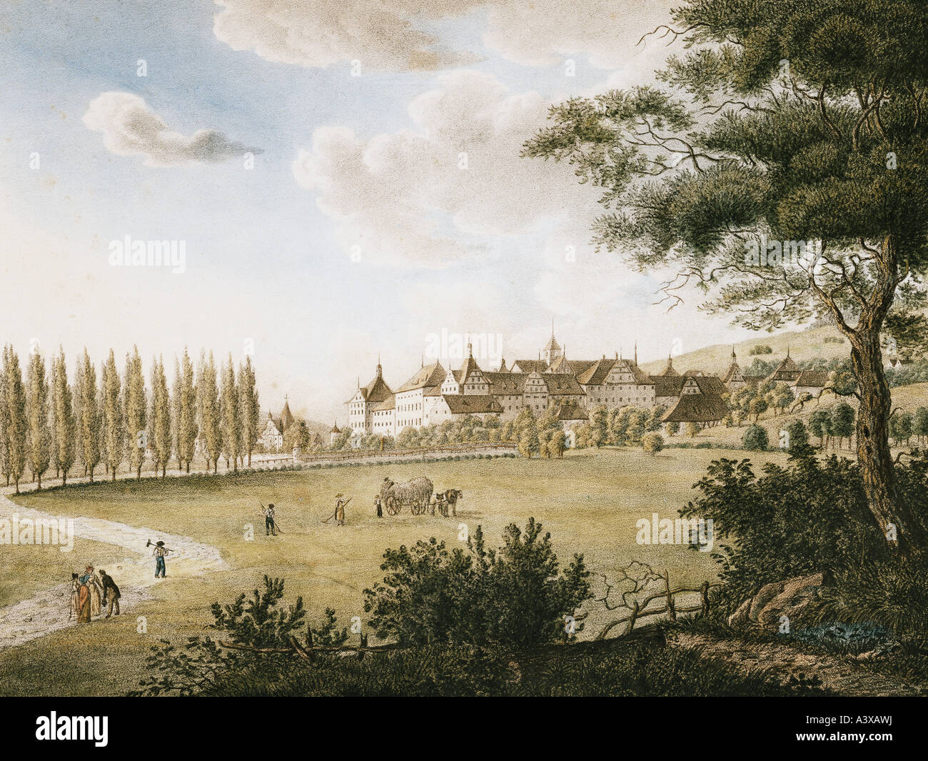 travel / geography, Germany, churches and convents, Salem, Cistercian monastery, overview, painting, first half 19th century, Salem castle, Bade-Wuerttemberg, historic, historical, Baden Wuerttemberg, Catholic church, fine arts, landscape, people, Stock Photo