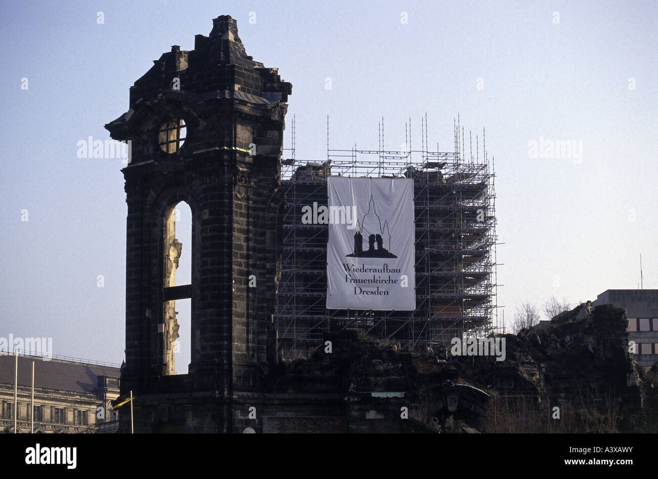 geography / travel, Germany, Dresden, Frauenkirche, built  1726 - 1743, reconstruction, 1994 - 2005, remain of brickwork, early 1990s, Stock Photo