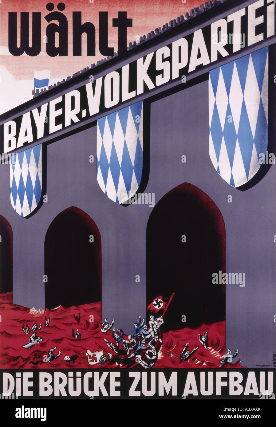 geography/travel, Germany, politics, 'Die Brücke zum Aufbau, Wählt Bayerische Volkspartei', Munich, circa 1930, poster, design by Hermann Keimel (1899 - 1948), , Stock Photo