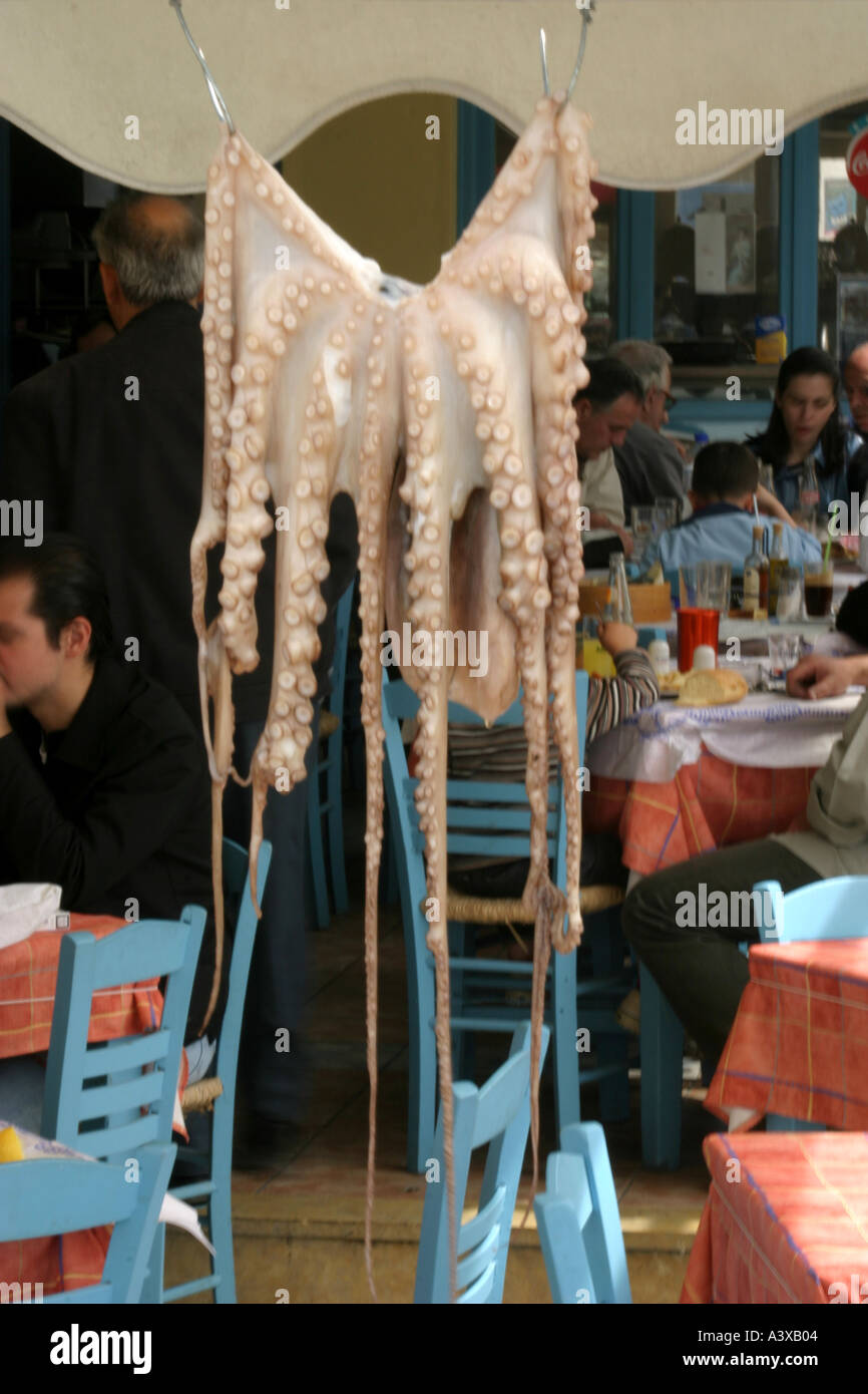 Aegina hanging hung octopus Athens Greece food cafe restaurant terrace Stock Photo