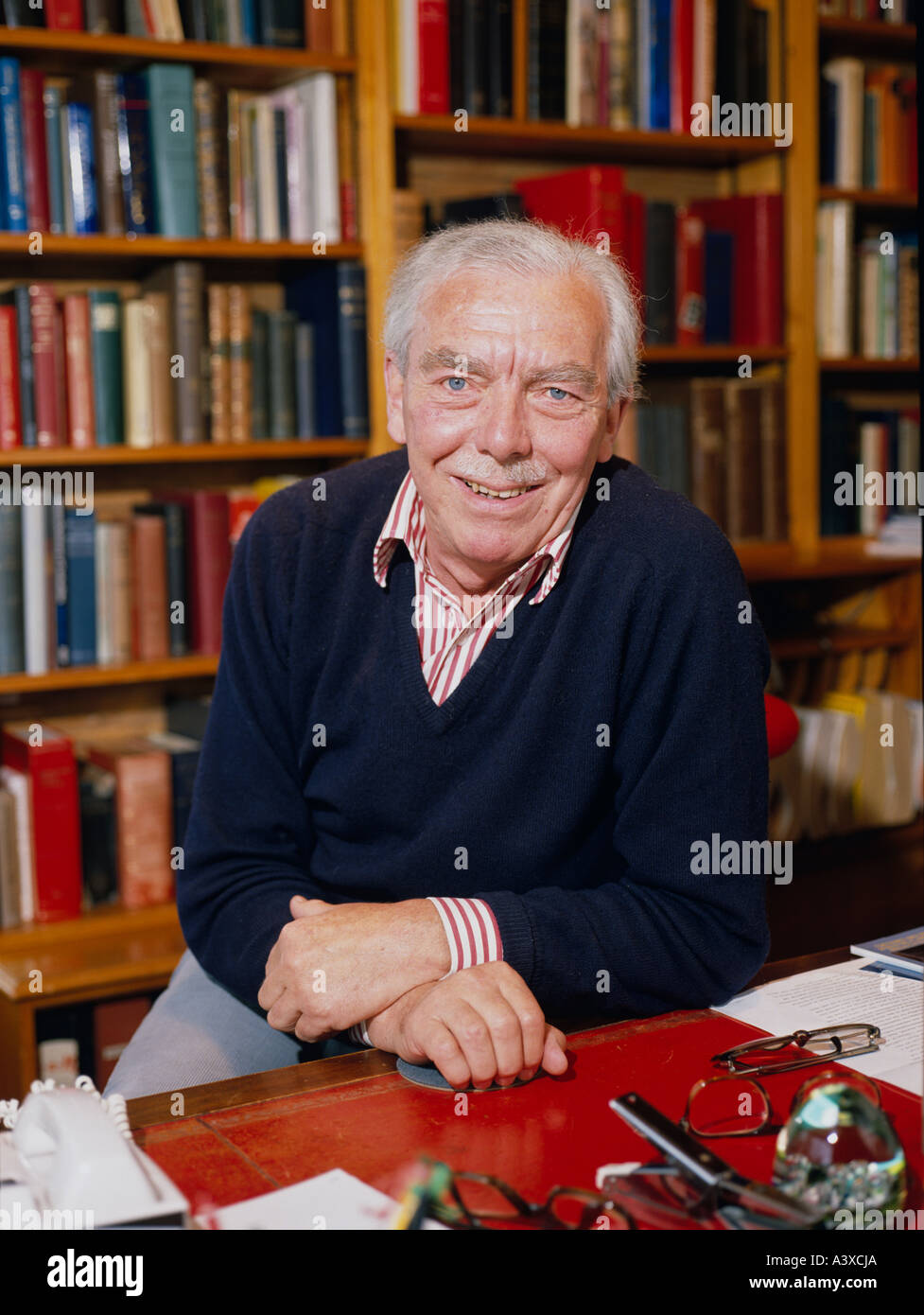 Humourist Frank Muir working at home. Picture taken in 1988 Stock Photo