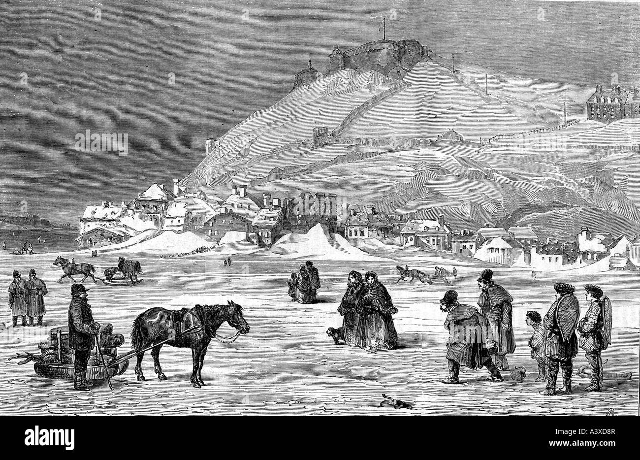geography / travel, Canada, cities, Quebec City, views, people on frozen river, winter, engraving in 'Die Glocke', 11/12.3.1859, Stock Photo