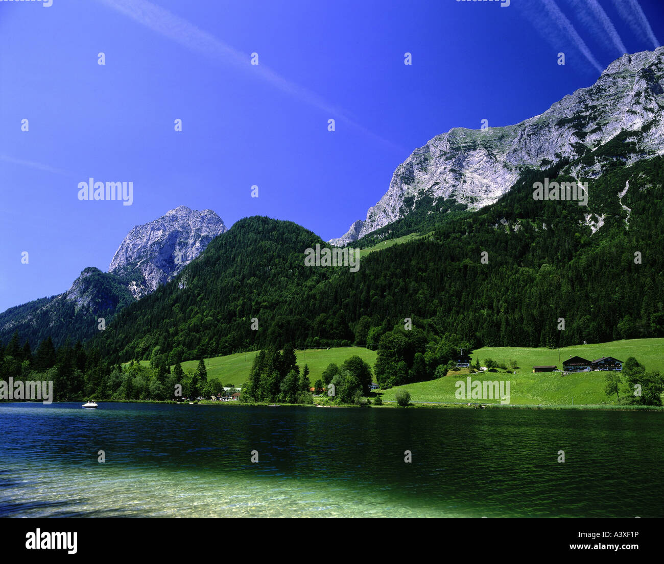 geography, Germany, Bavaria, Ramsau at Berchtesgaden, view, Hintersee, Mühlsturzhorn and Reiteralpe, Europe, Upper Bavaria, Berc Stock Photo