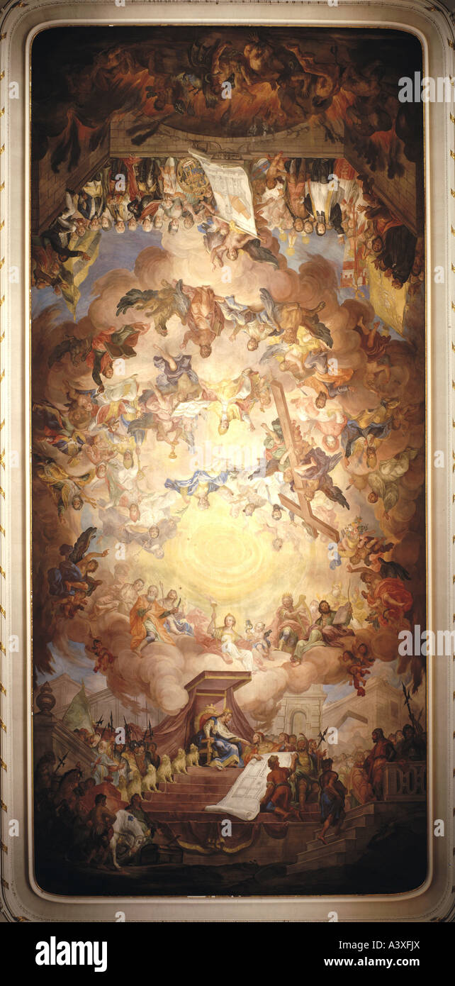 'fine arts, Brugger, Andreas, (1737 - 1812), 'fighting and triumphant church', ceiling painting, 1777, Saint Verena parish chu Stock Photo