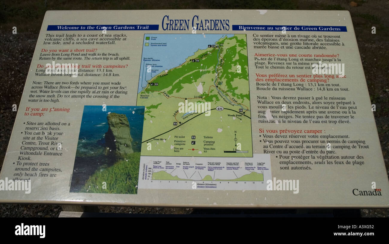 Canada Newfoundland Gros Morne National Park Green Gardens Trail interpretive sign in English and French Stock Photo