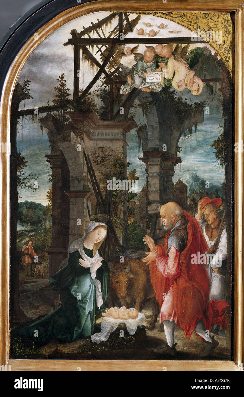 fine arts, Huber, Wolf (circa 1485 - 1553), altarpiece, Sankt Annenaltar, birth of Jesus, 1521, mixed media on panel, state muse Stock Photo