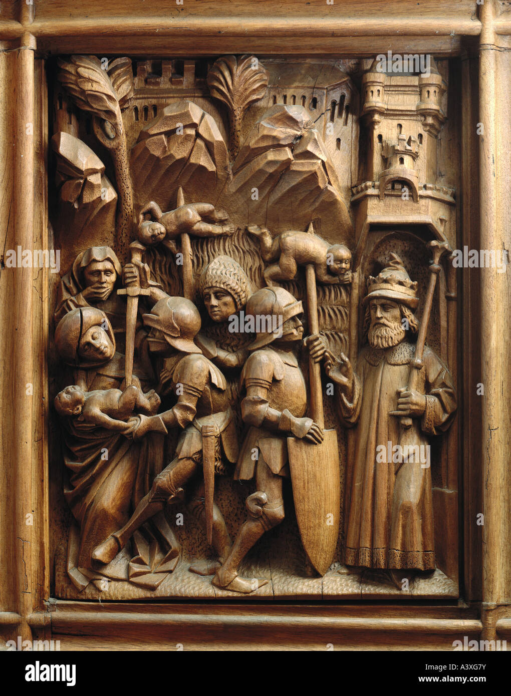 'fine arts, religious art, biblical scenes, massacre of the innocents, carving by Heinrich Iselin and Simon Haider, nut wood, ci Stock Photo