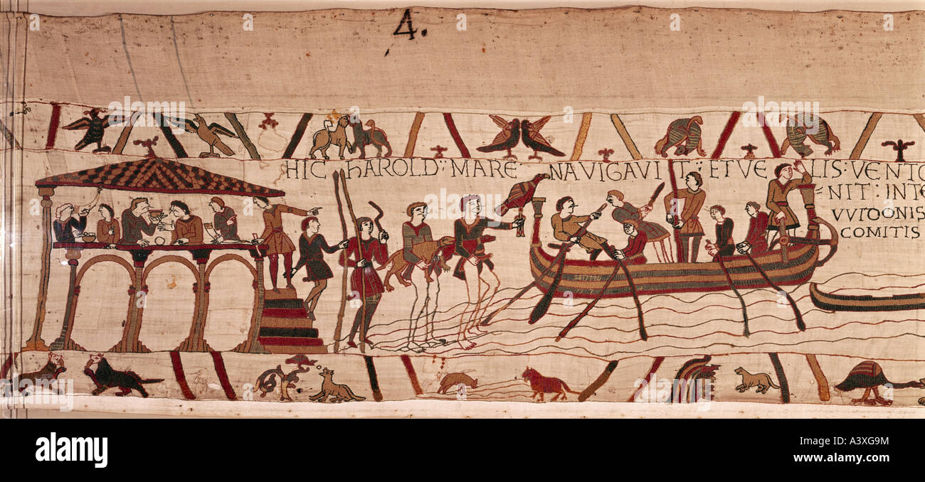 fine arts, middle ages, romanesque, Bayeux tapestry, Norman, England, circa 1070 - circa 1082, detail, Harold Godwinson getting Stock Photo