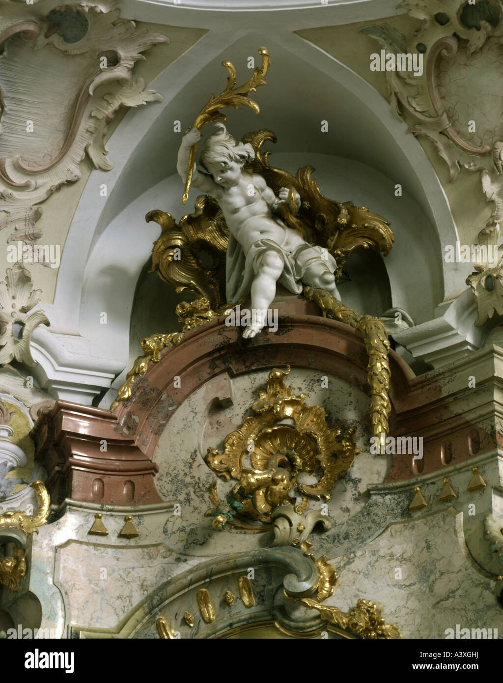 fine arts, angels, angel crowning the Saint Benedict altar, sculpture, by Josef Anton Feuchtmayer (1696 - 1770), Birnau minster, Stock Photo