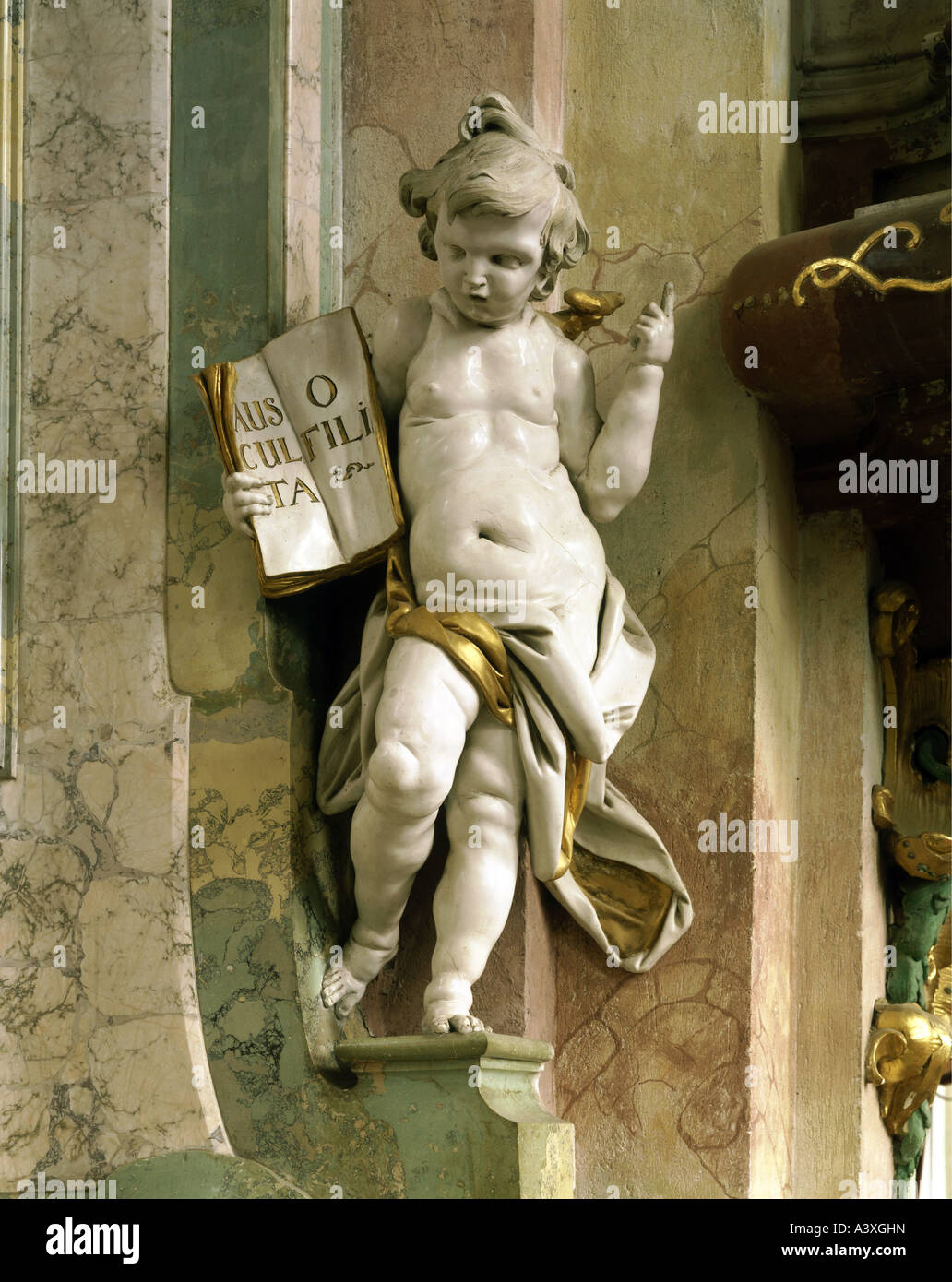 fine arts, angels, angel holding book, sculpture, by Josef Anton Feuchtmayer (1696 - 1770), Birnau minster, religious art, relig Stock Photo