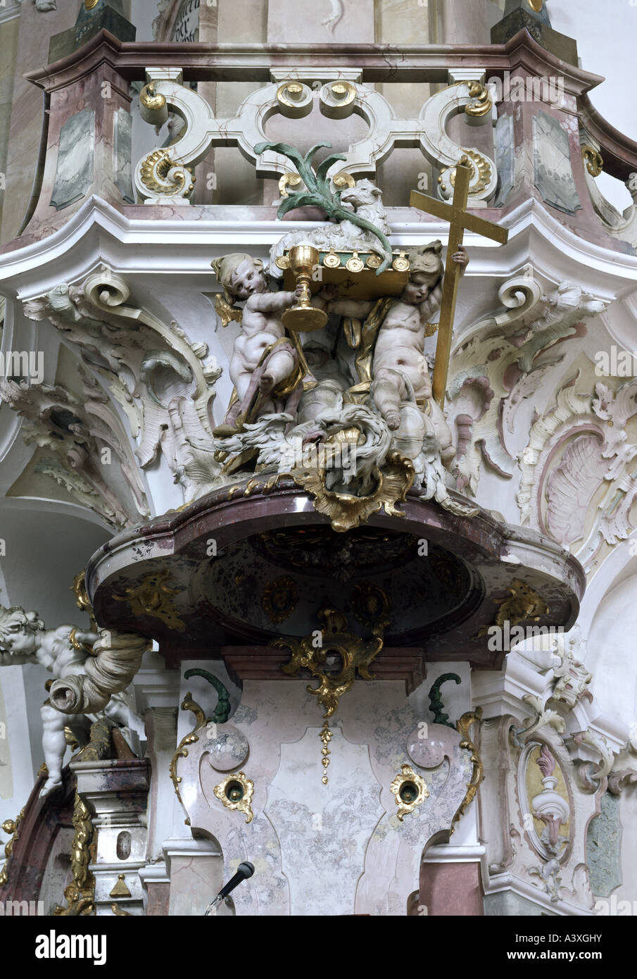 fine arts, angels, angels with chalice and cross over ceiling of pulpit, sculpture, by Josef Anton Feuchtmayer (1696 - 1770), Bi Stock Photo