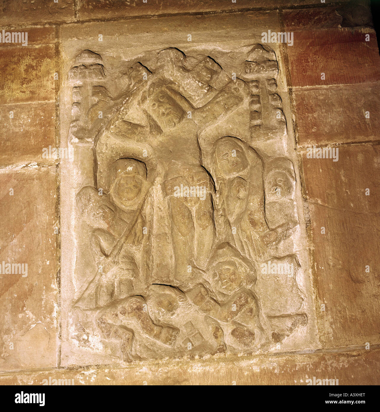 fine arts, religious art, Jesus Christ, crucifixion, relief, stone, circa 12th century, Fischbeck collegiate church, Hessisch Ol Stock Photo