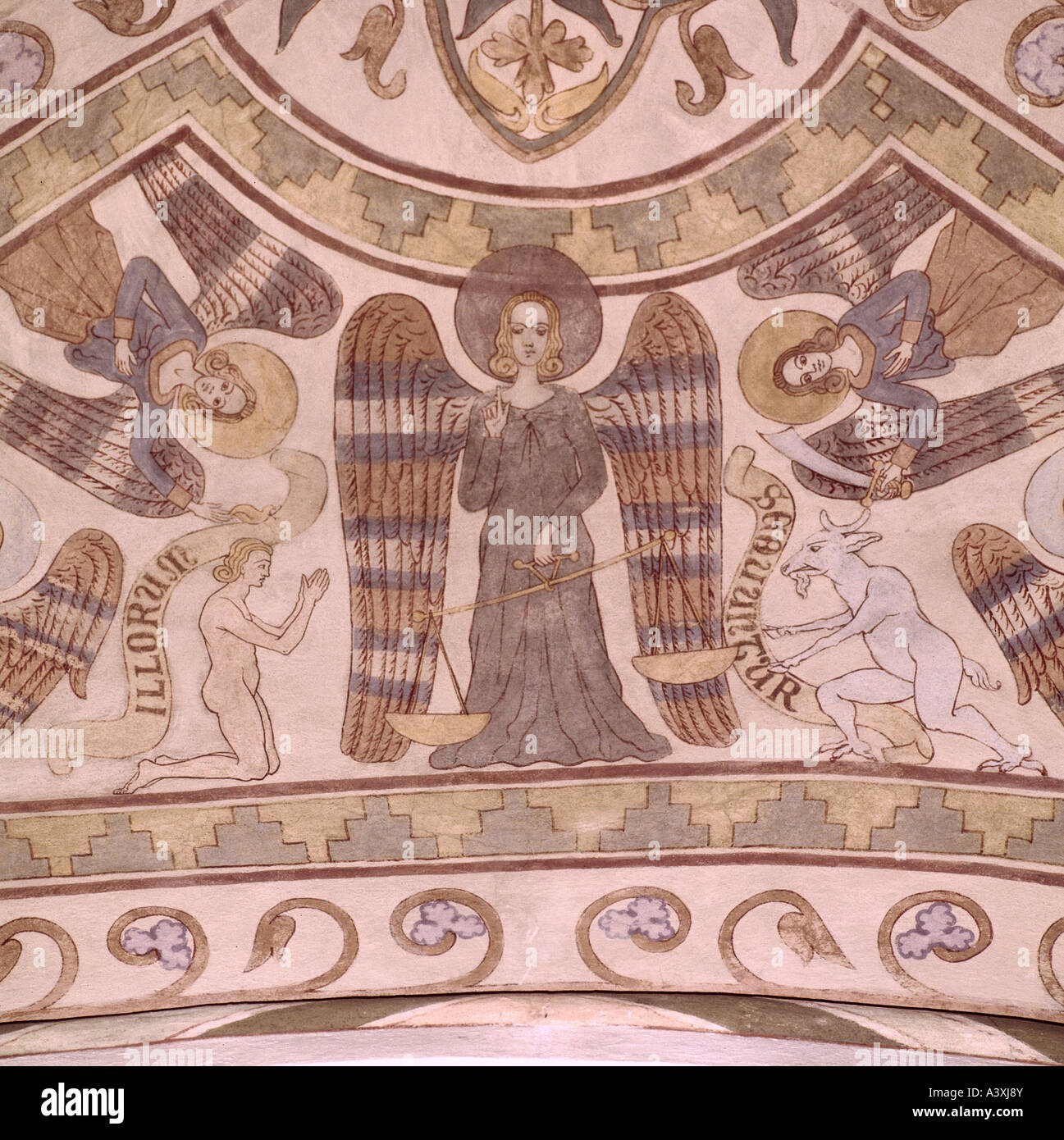 fine arts, religious art, angels, with scales of Last Judgement, fresco, circa 14th century, church of Stora Köpinge, Ystad, Eur Stock Photo