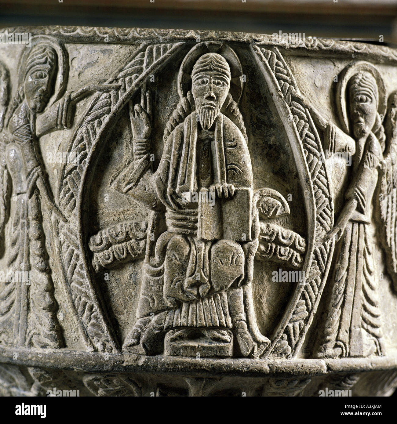 fine arts, religious art, Jesus Christ, portrait in mandorla, relief, sandstone, 1160, baptistery by Magister Majestatis, Löderu Stock Photo