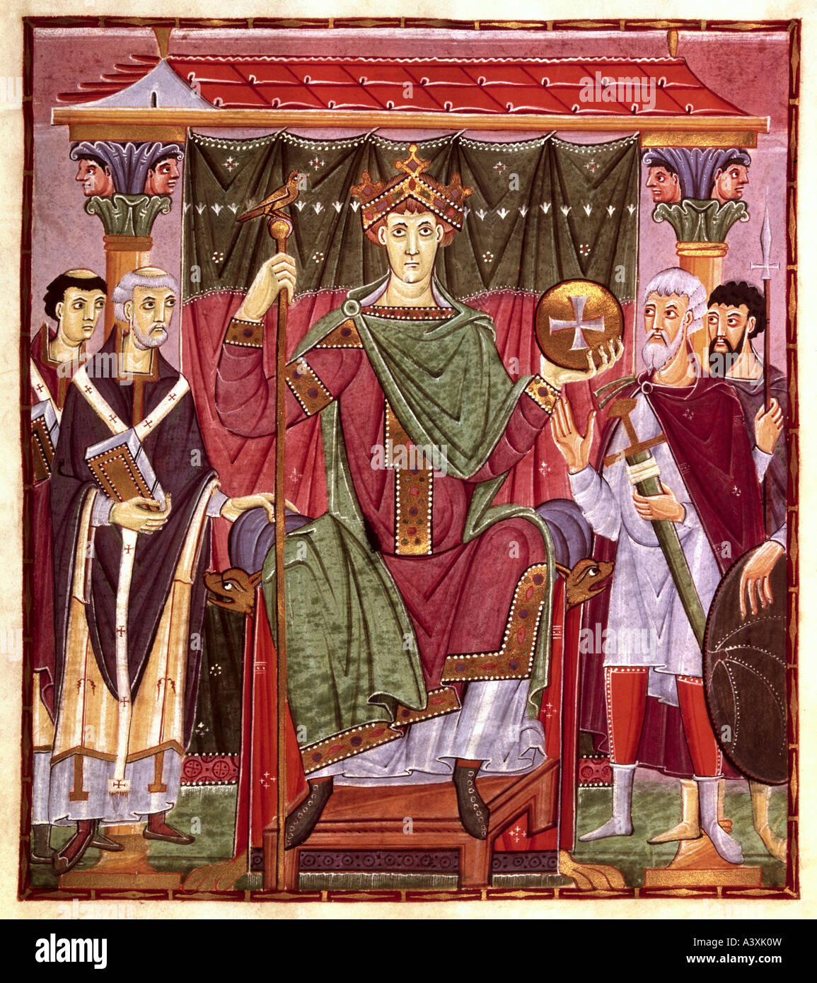 Otto III, 15.7.980 - 24.1.1002, Roman Emperor, 21.5. 996 - 24.1.1002, with dignitaries, miniature, vellum, Book of Gospels, Reic Stock Photo