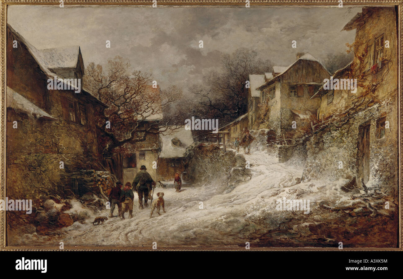 "fine arts, Burger, Anton, (1824 - 1905), painting, "Winterliche Dorfstraße in Kronberg im Taunus", ("wintry village street a Stock Photo