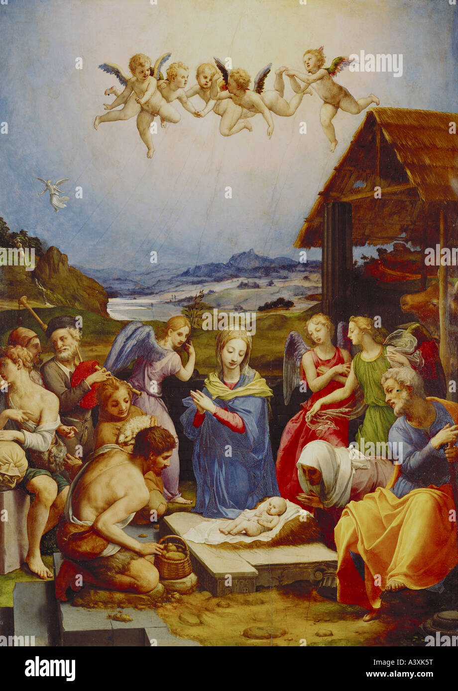 'fine arts, Bronzino, Agnolo di Cosimo, (1503 - 1572), painting, 'adoration of the shepherds', 1535 - 1540, oil on panel, 65,3 Stock Photo