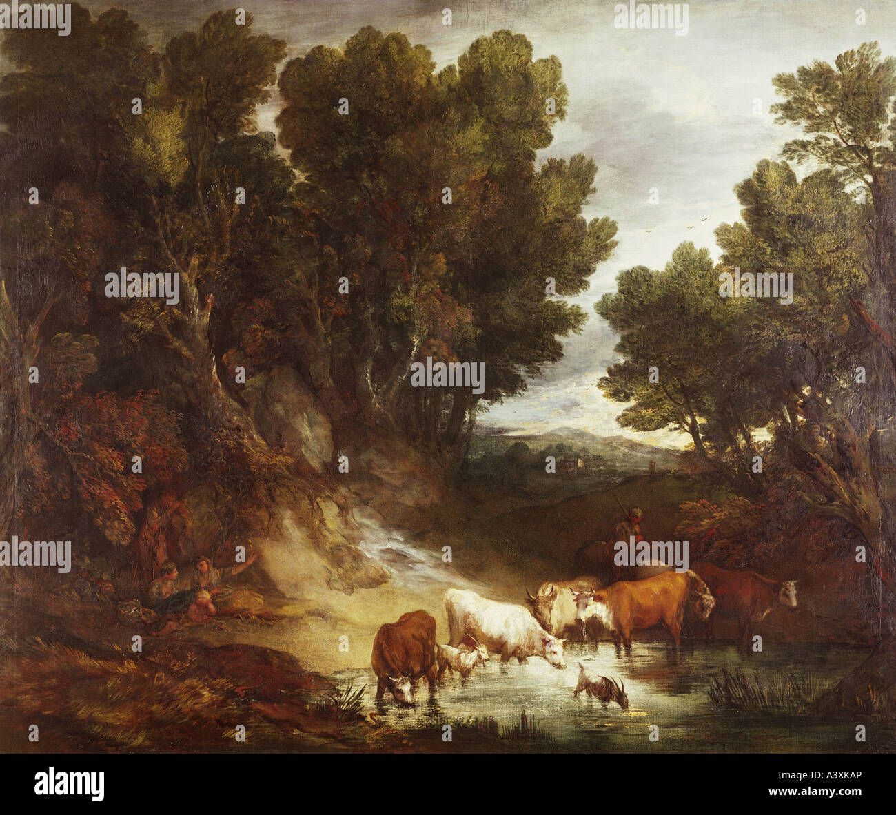 "fine arts, Gainsborough, Thomas, (1727 - 1788), painting, "The Watering Place", before 1777, oil on canvas, 147,3 cm x 180,3 Stock Photo