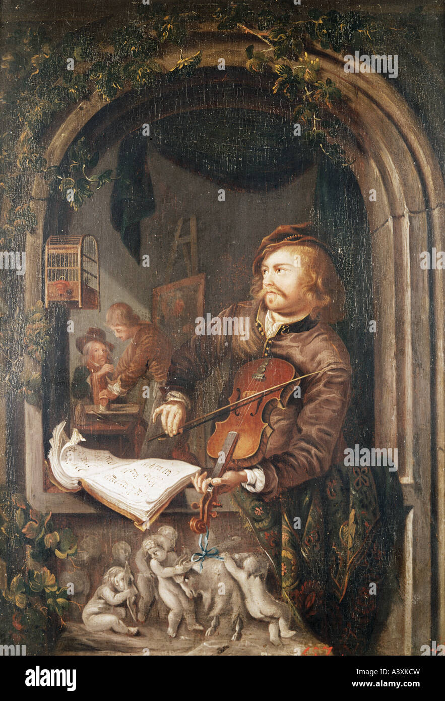'fine arts, Dou, Gerard, (1613 - 1675), painting, 'violin player at window', copy, circa 1651, oil on panel, 33 cm x 25,7 cm, Stock Photo