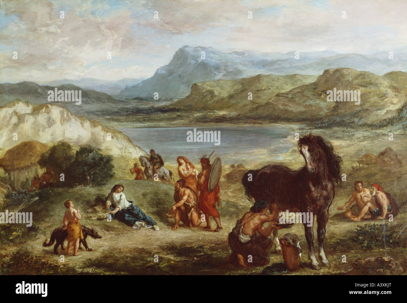 "fine arts, Delacroix, Eugene, (1798 - 1863), painting, "Ovid among the Scythians", 1859, oil on canvas, 87,6 cm x 130,2 cm, N Stock Photo