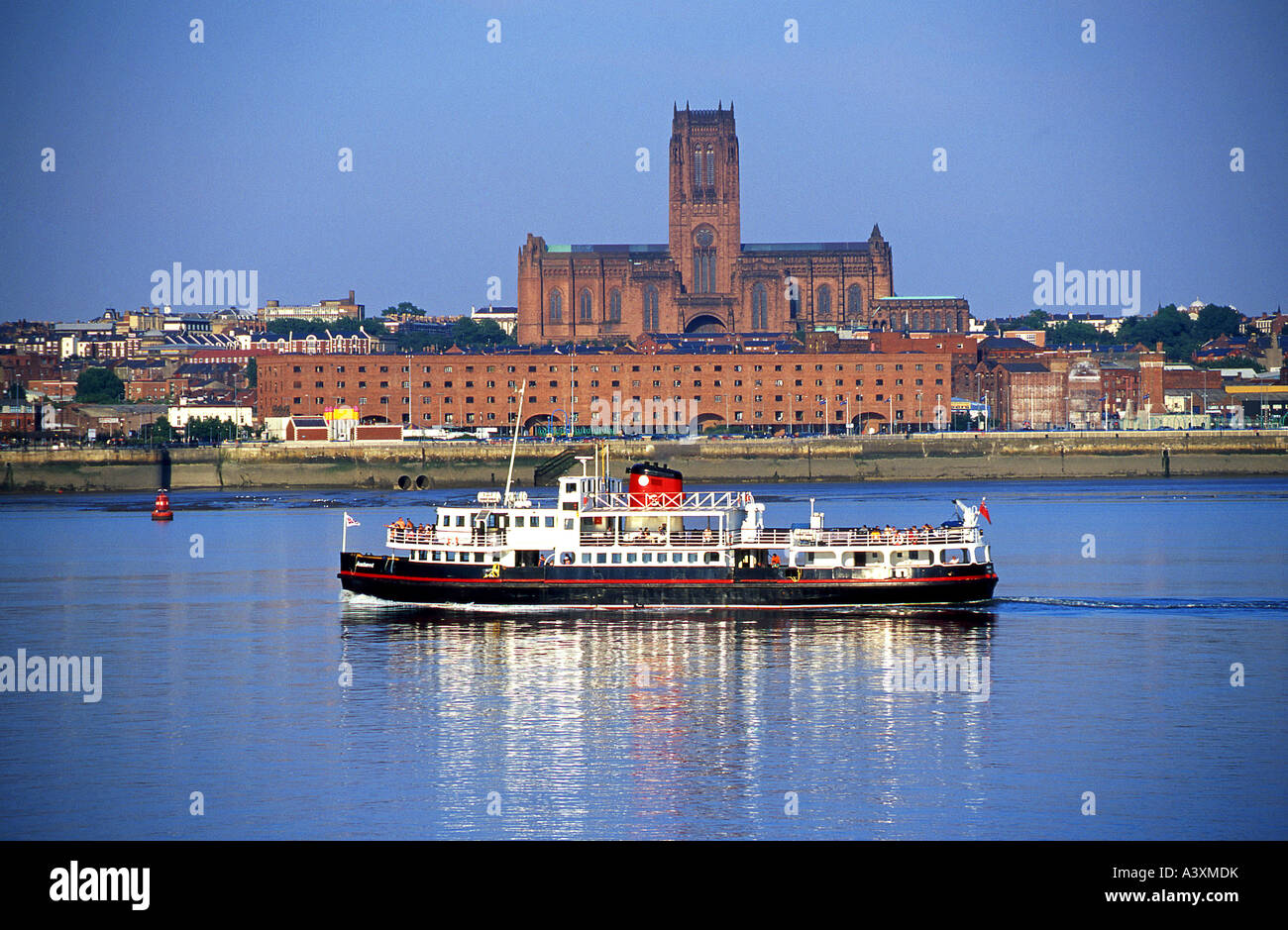 Mersey Ferry Crossing the River Mersey in front of the Anglican Cathedral and Albert Dock, Liverpool, Merseyside, England, UK Stock Photo
