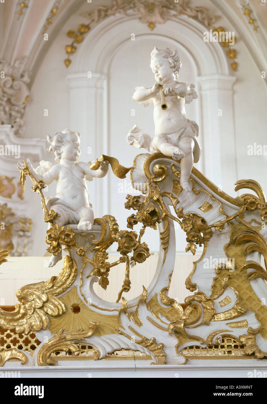 fine arts, Schmädl, Franz Xaver (1705 - 1777), sculpture, angels making music, putti at Rottenbuch minster, Bavaria, Germany, Eu Stock Photo