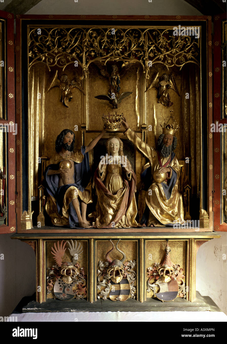 fine arts, religious art, Saint Mary, coronation, sculpture, carving, Kempten, circa 1480, winged altar, Sulzberg parish church, Stock Photo