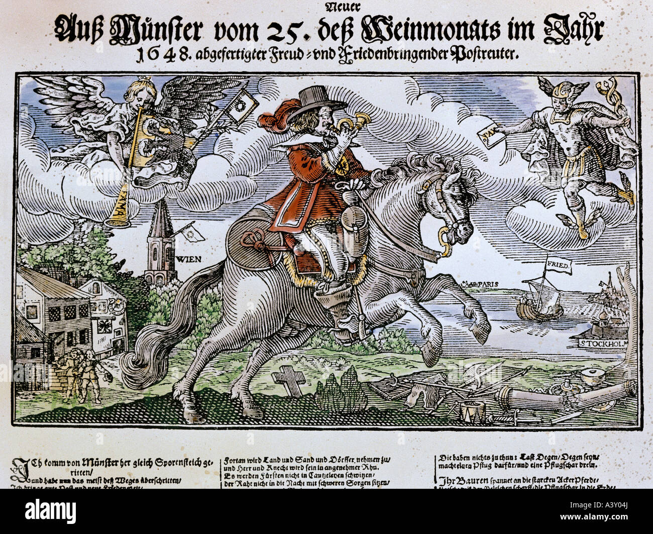 events, Thirty Years War 1618 - 1648, peace of Westphalia 1648, messenger with peace message, colour woodcut, Augsburg or Nuremberg, private collection, , Stock Photo