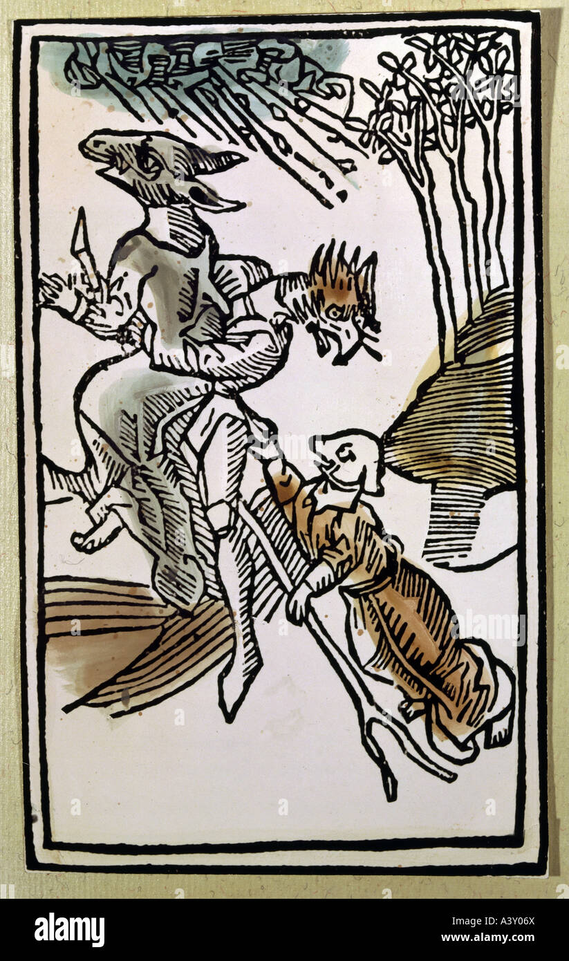 witches, two witches and sorcerers riding to Blocksberg mountain on besom broom, colour woodcut, from 'On Unholden und Hexen', by Ulrich Molitor, Konstanz, 1489, private collection, Germany, 15th century, middle ages, esotericism, occultism, magic, sorcerer, demons, chicken head, dog, boar, literature, witches sabbath, Walpurgis night, , Stock Photo