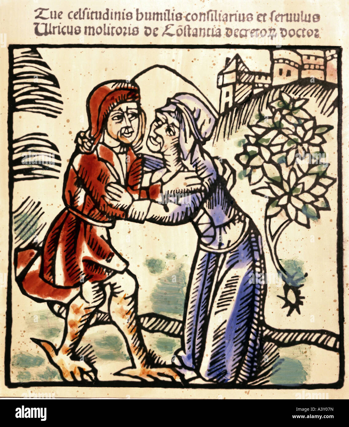 witches, devil as gentleman embracing an old witch, colour woodcut, from 'Von Hexen und bösen Weibern', by Ulrich Molitor, Reutlingen, 1484, private collection, , Stock Photo