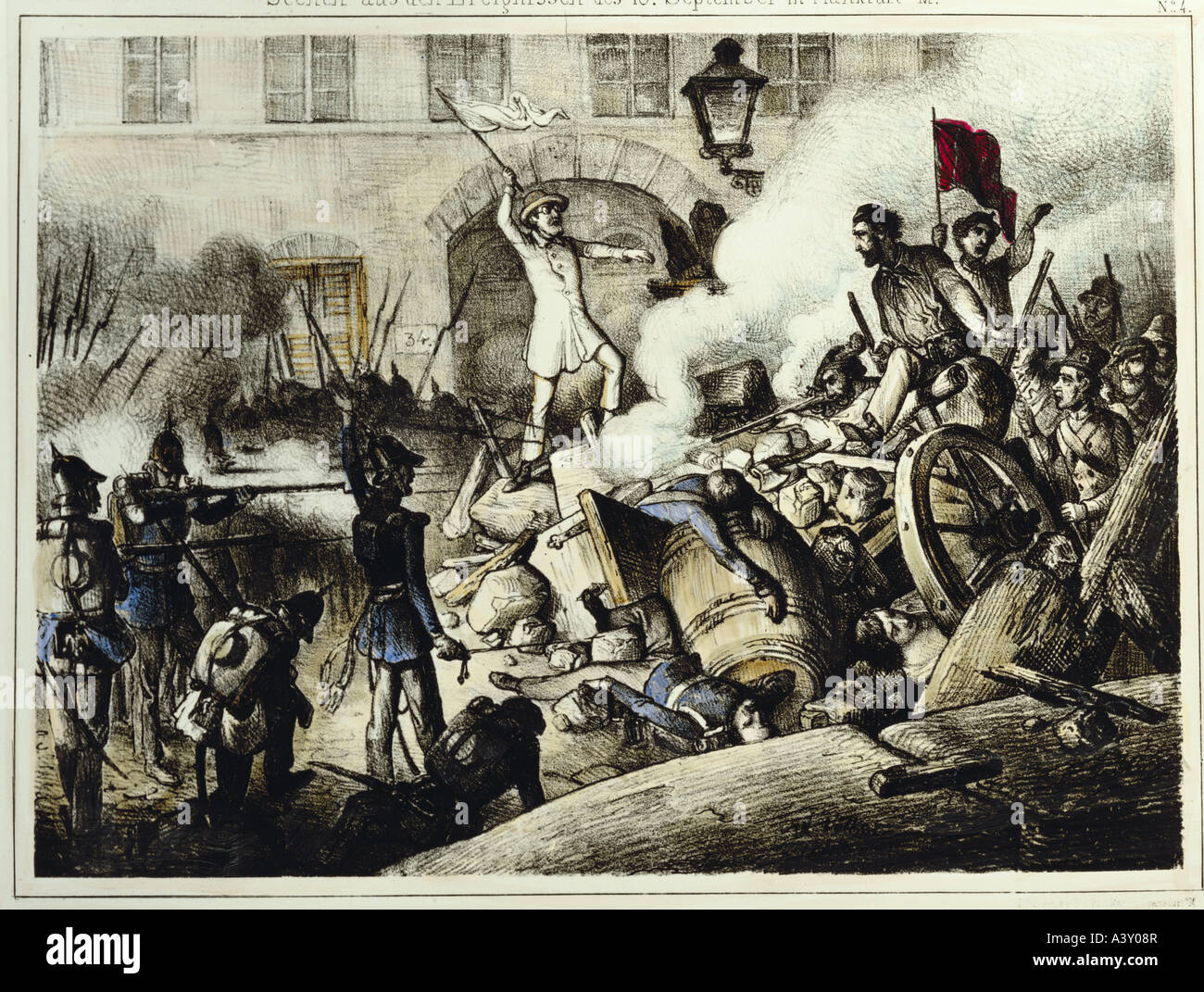 events, revolutions 1848 - 1849, Germany, Frankfurt, deputy Roessler proclaiming armistice, 10.9.1848, lithograph, E. May Publishing, mid 19th century, private collection, historic, historical, Hesse, street fight, barricade, revolutionsaries, Prussian soldiers, military, insurgence, insurgency, revolution, Rossler, Rössler, people, Stock Photo