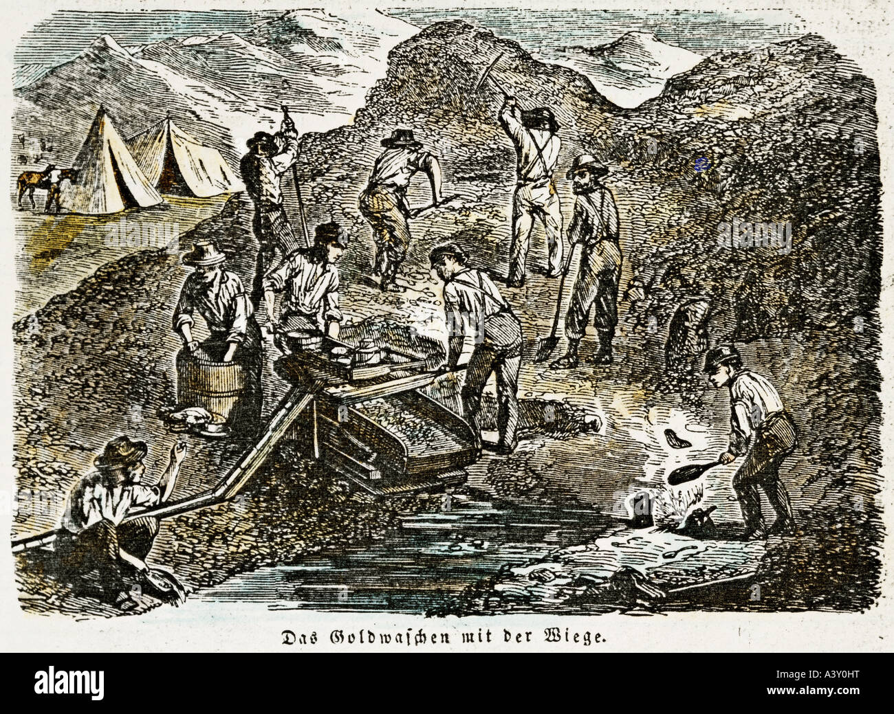 metal, gold, American gold diggers washing gold with cradle, colour engraving, Germany, circa 1870, private collection, , Stock Photo