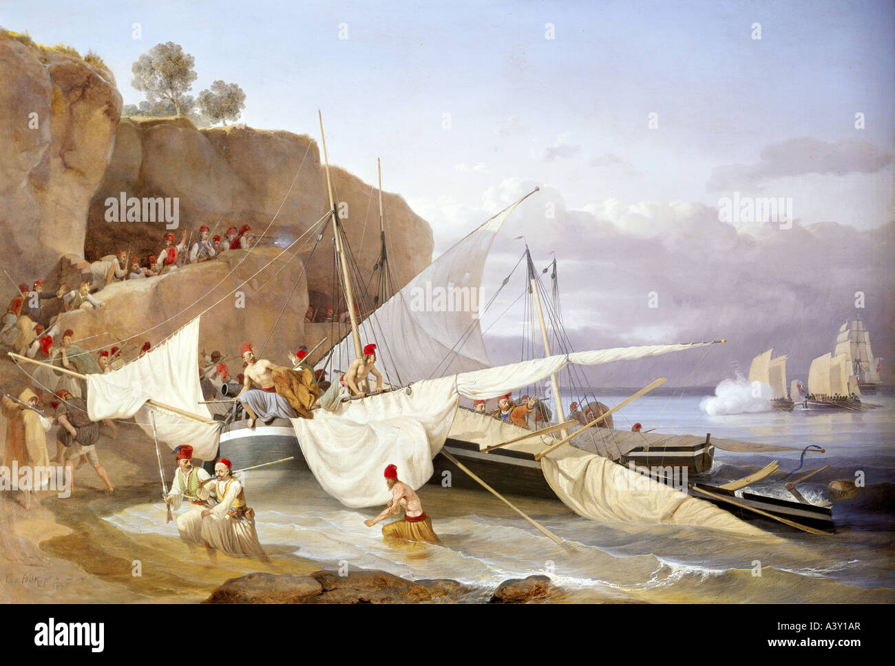 event, Greek war of independence 1821 - 1829, Greek pirates defending bay against Britons, painting by Carl von Heydeck, 1836, 60 cm x 92 cm, municipal museum, Munich, historic, historical, Greece, Greeks, Great Britain, Ottoman Empire, Royal Navy, battleship, ship. coast, battle, landing, wounded, rock, sea, Mediterranean, traditional costume, Europe, geography, fine arts, romanticism, 19th century, pirate, people, Stock Photo