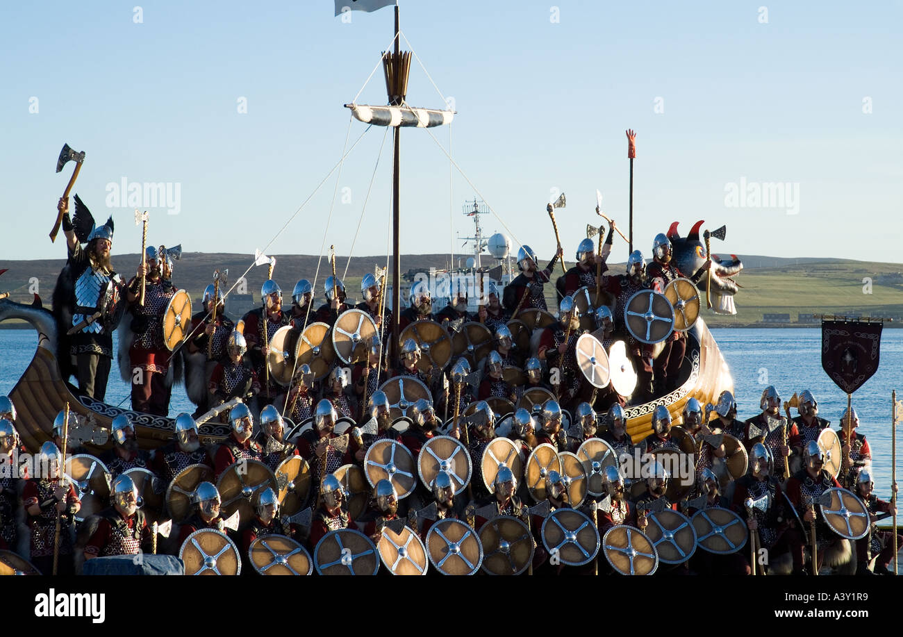 dh Up Helly Aa procession LERWICK SHETLAND Guizer Jarl traditional Viking sqaud on longship galley vikings longboat parade scottish festival Stock Photo