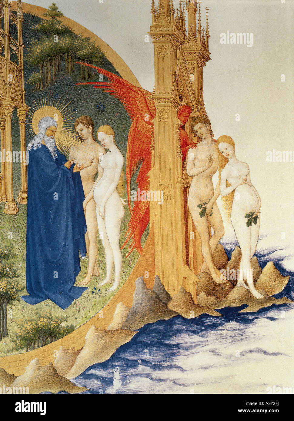 "fine arts, religious art, Adam and Eve, "expulsion from paradise", miniature, detail, by Jean Limburg, from book of hours of Stock Photo
