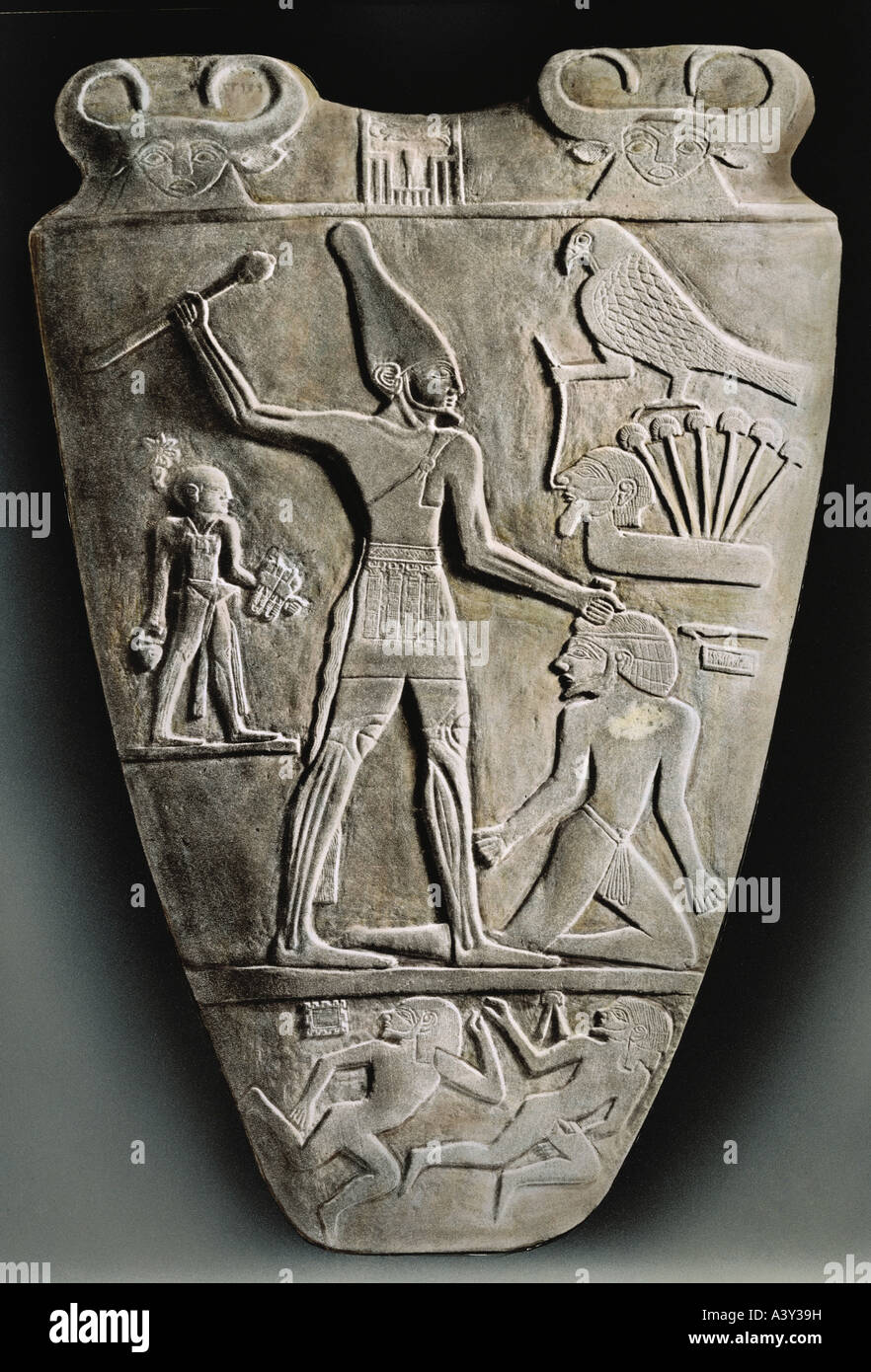 fine arts, ancient world, Egypt, Old Kingdom, relief, makeup board, of king Narmer, circa 3000 BC, Egyptian museum, Cairo, histo Stock Photo