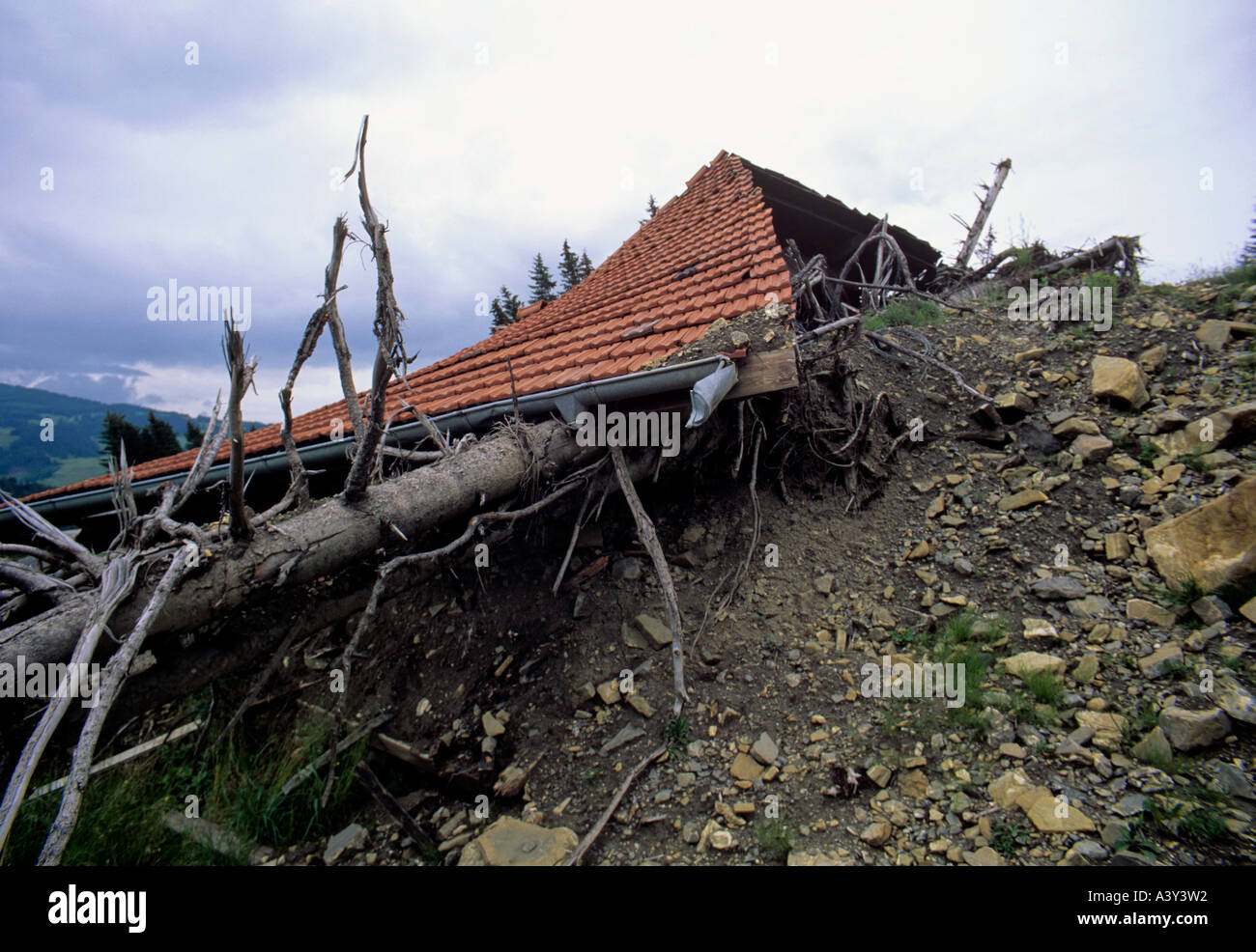 historic picture year of 1996 cottage destroyed by mudslide switzerland Stock Photo