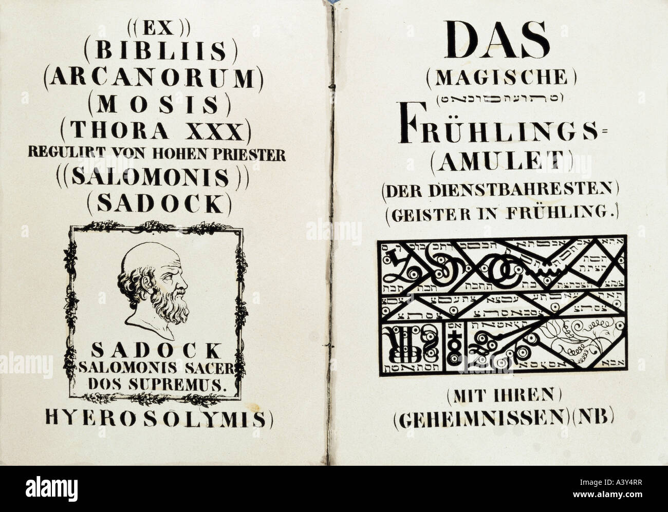 superstition, amulets, instructions to write amulets of Zadok Arcanumus,  spring amulet, engraving, from grimoire to make written amulets, second  half 19th century, Bavarian National museum, historic, historical, Europe,  Germany, esotericism, occultism ...