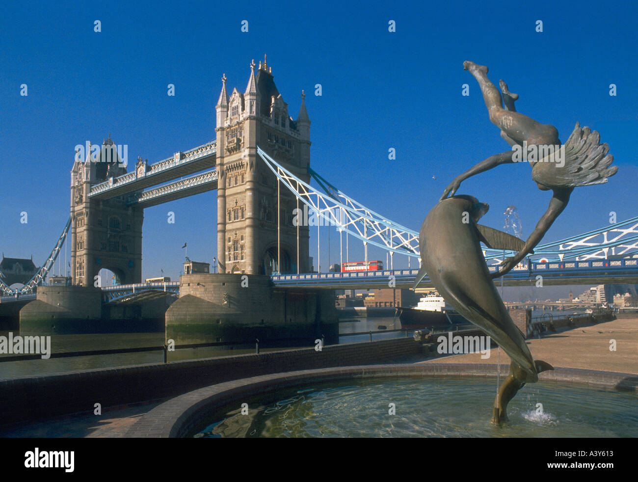 Tower Bridge and statue over the Thames Stock Photo