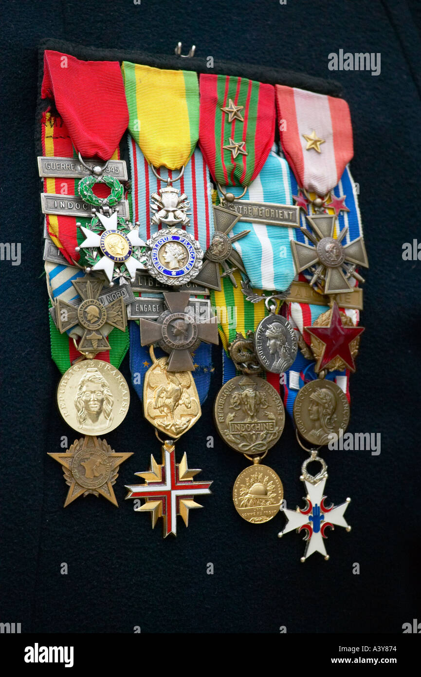 Medals attached to a French veterans jacket December 2003 Stock Photo