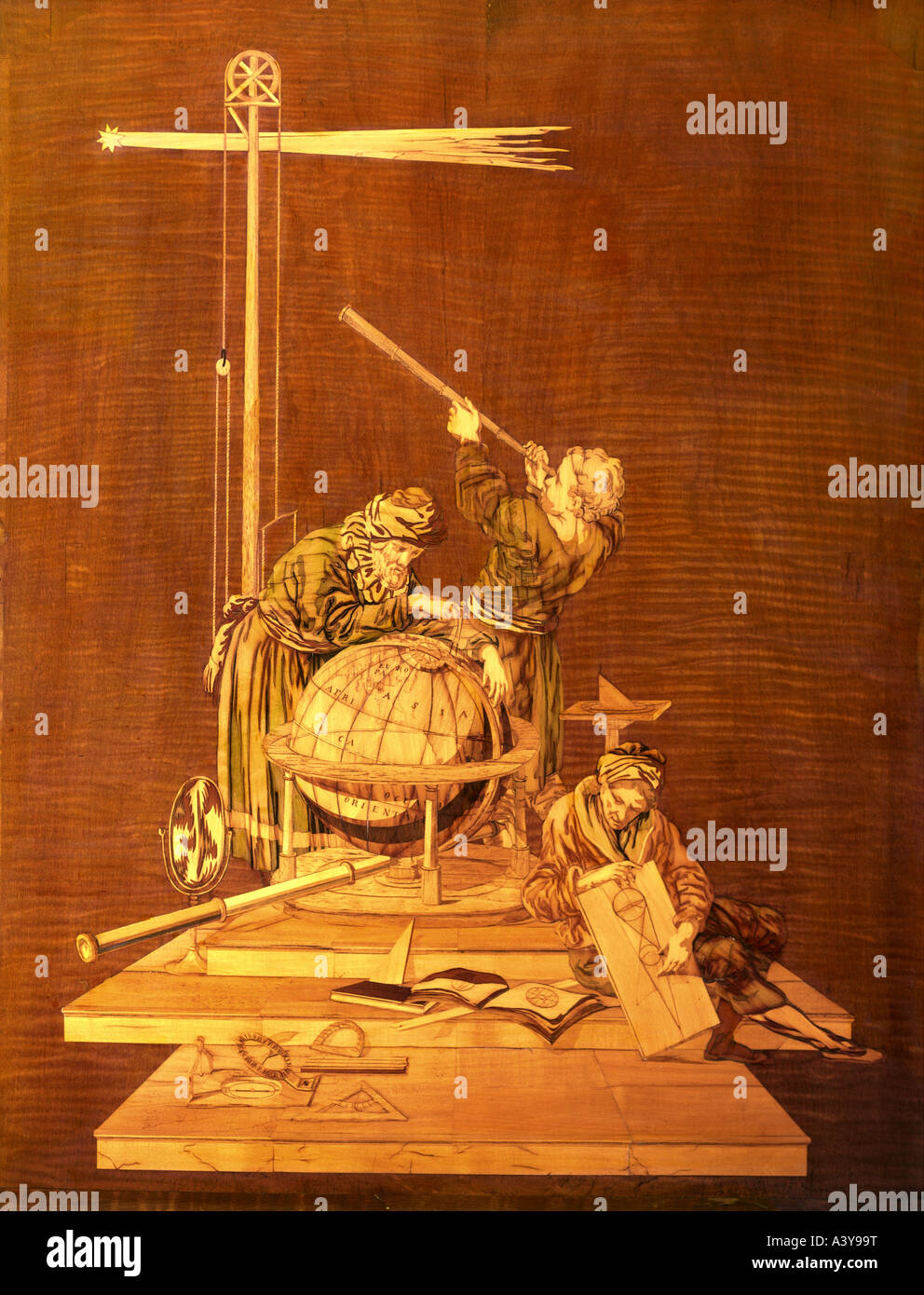 fine arts, furniture, detail, astronomy and geometry, by David Roentgen (1743 - 1807), Neuwied, circa 1779, wood, Bavarian Natio Stock Photo