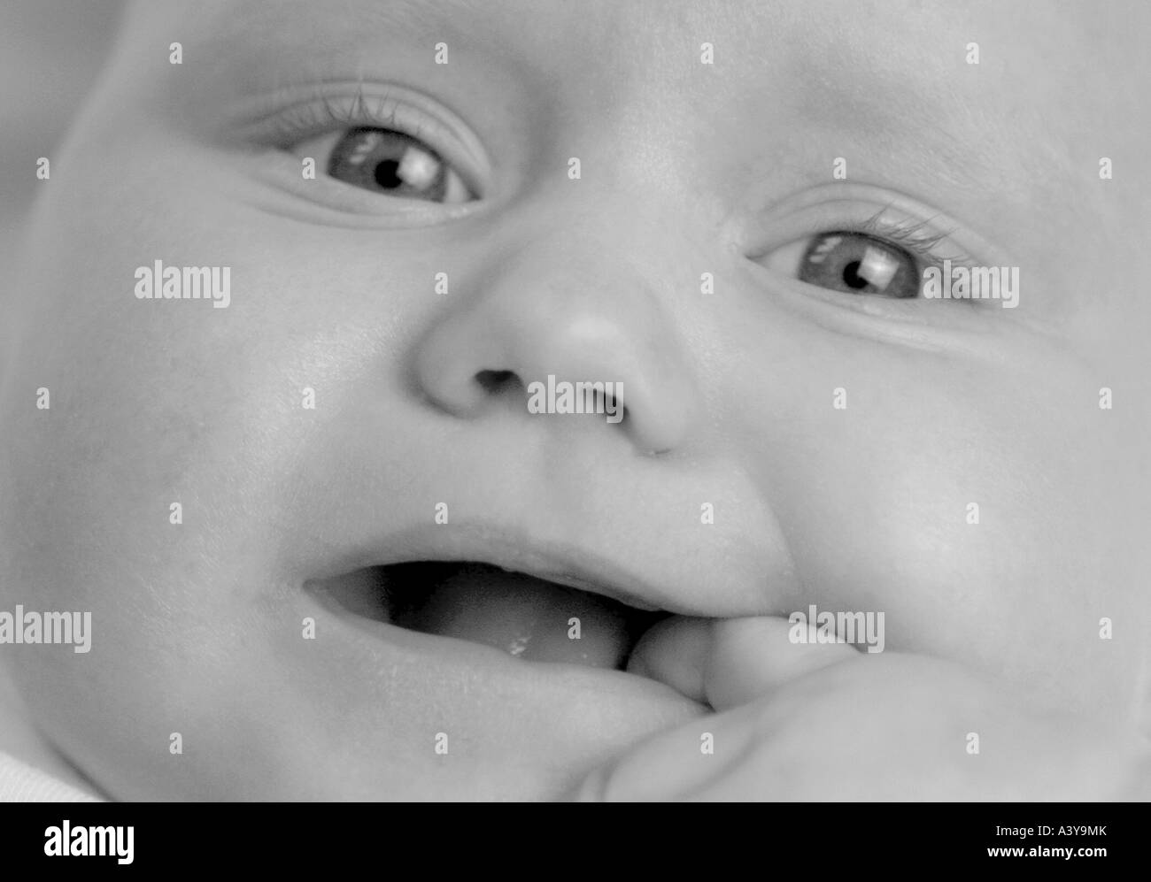 people, human beings, humans (Homo sapiens sapiens), baby, holding forefinger in his mouth Stock Photo