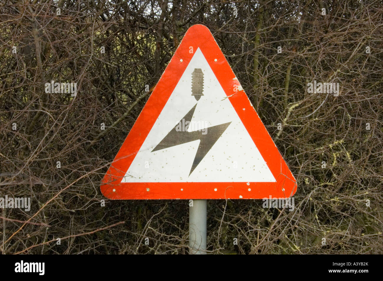 Overhead Power Line Warning Sign Stock Photo