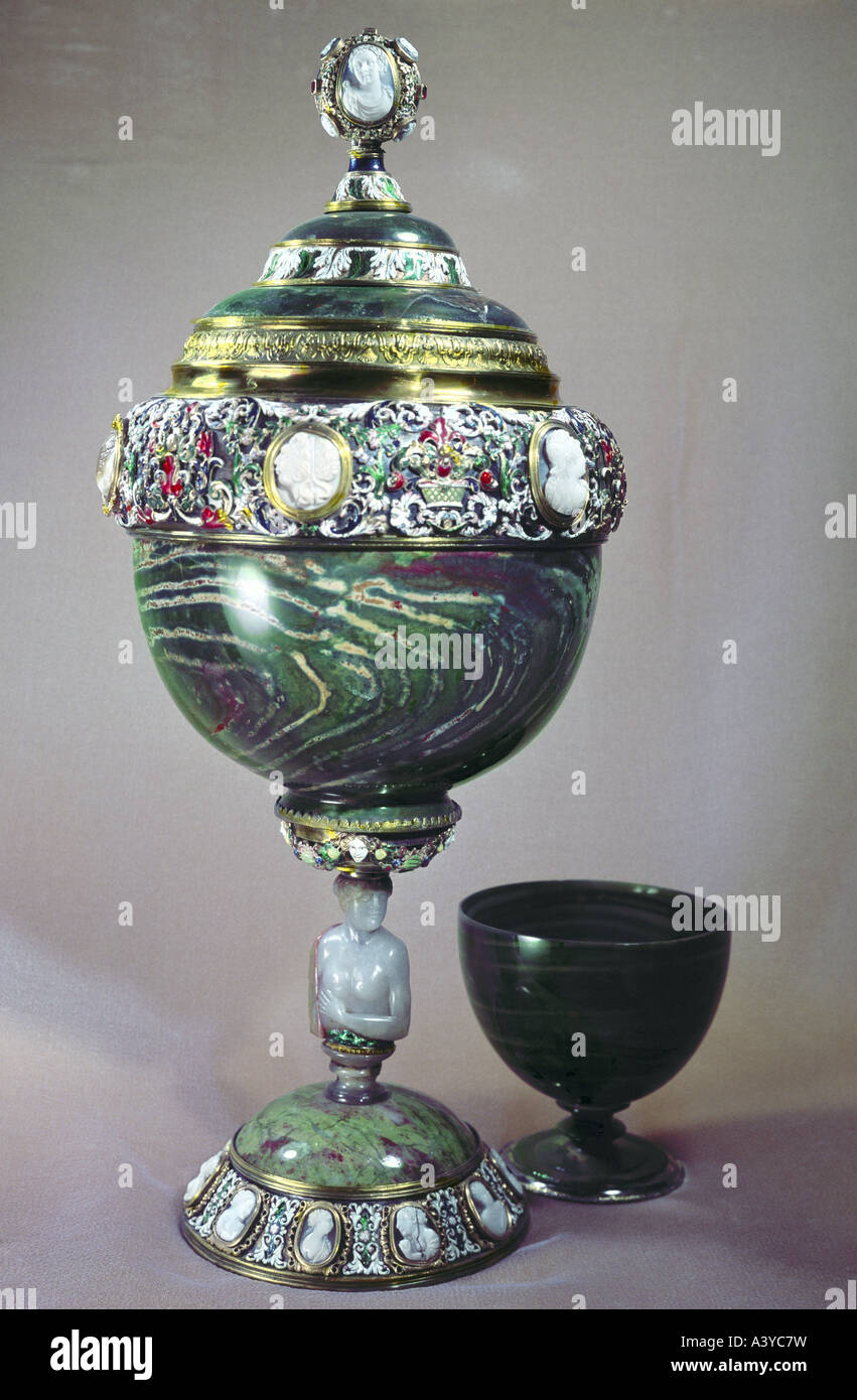 fine arts, vessel, drinking vessel, goblets with cap, Prague, circa 1600, heliotrop, gold, enamel, onyx, rock crystal, ruby, cam Stock Photo