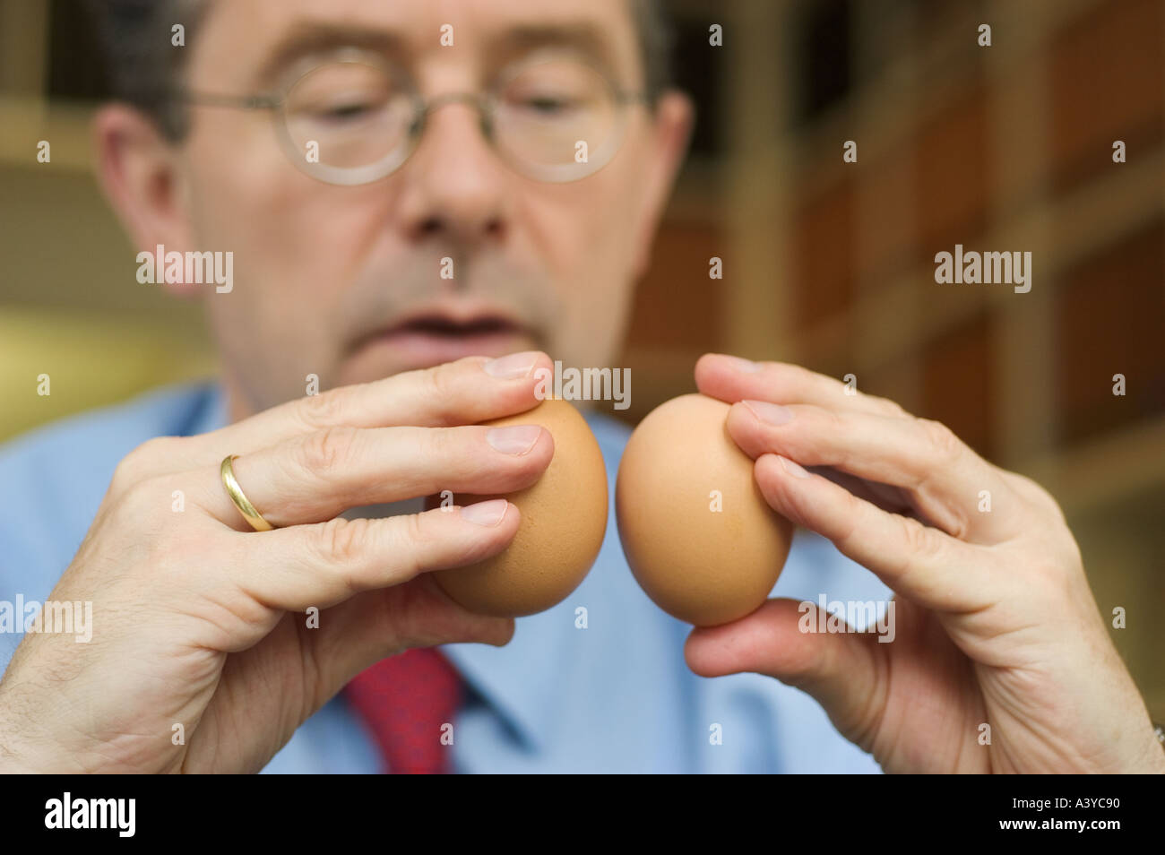 MR Is ther any difference Man holding two eggs and comparing them Stock Photo